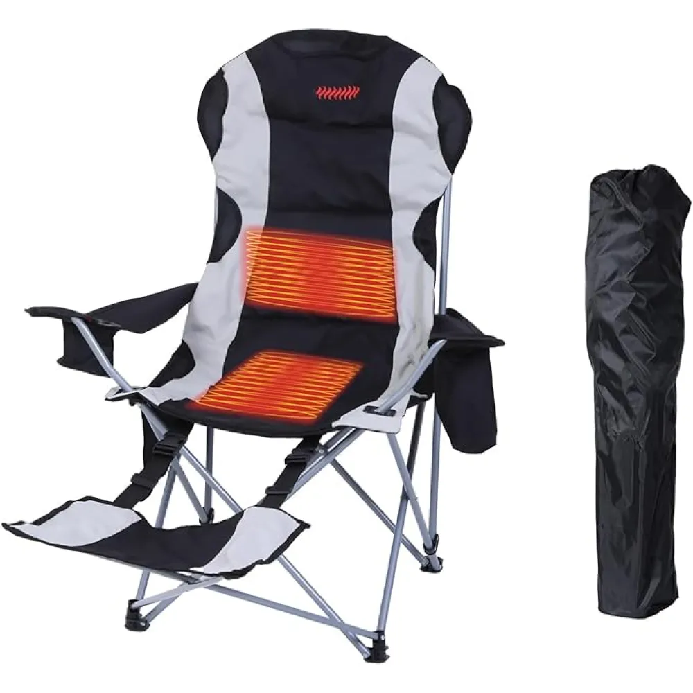 Camping Chair, Heated Camping Chair, Heated Camping Chairs for Adults, Folding Chairs with Footrest, Power Bank, Cupholder, Carry Bag & Pockets for Outdoor Activities (1 Pack)