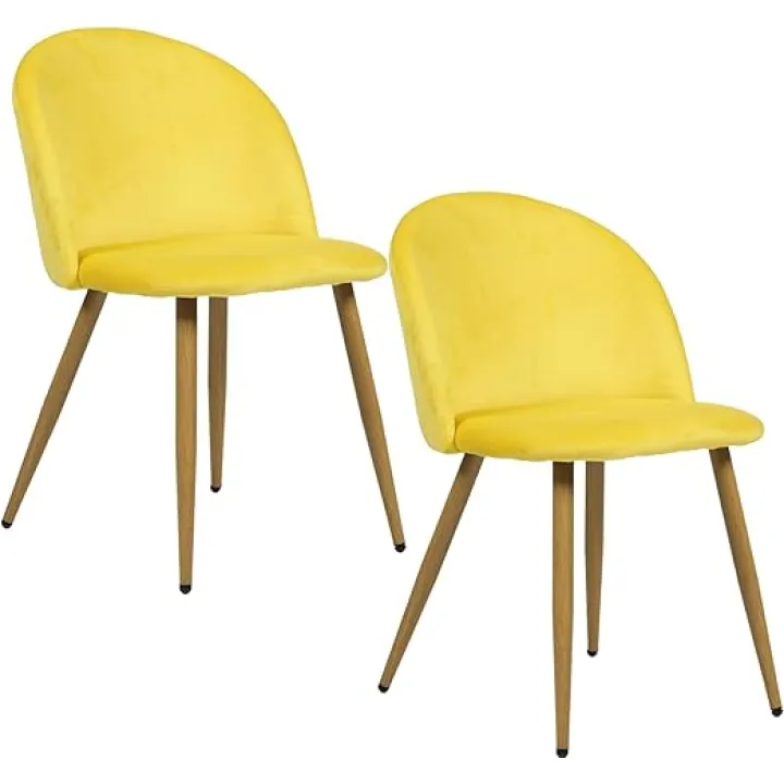 FurnitureR Upholstered Velvet Dining Chair Mid Back Armless with Wood Legs for Home Kitchen Bedroom Living Room, Set of 2, Yellow
