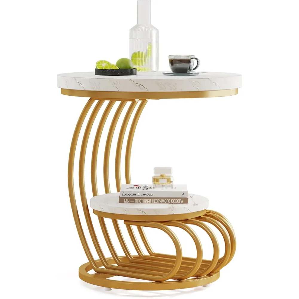 LITTLE TREE Gold Round End Table, 2-Tier Side Table with Storage Shelf, Faux Marble Modern Bedside Nightstand, Metal Frame Accent Table for Living Room, Bedroom