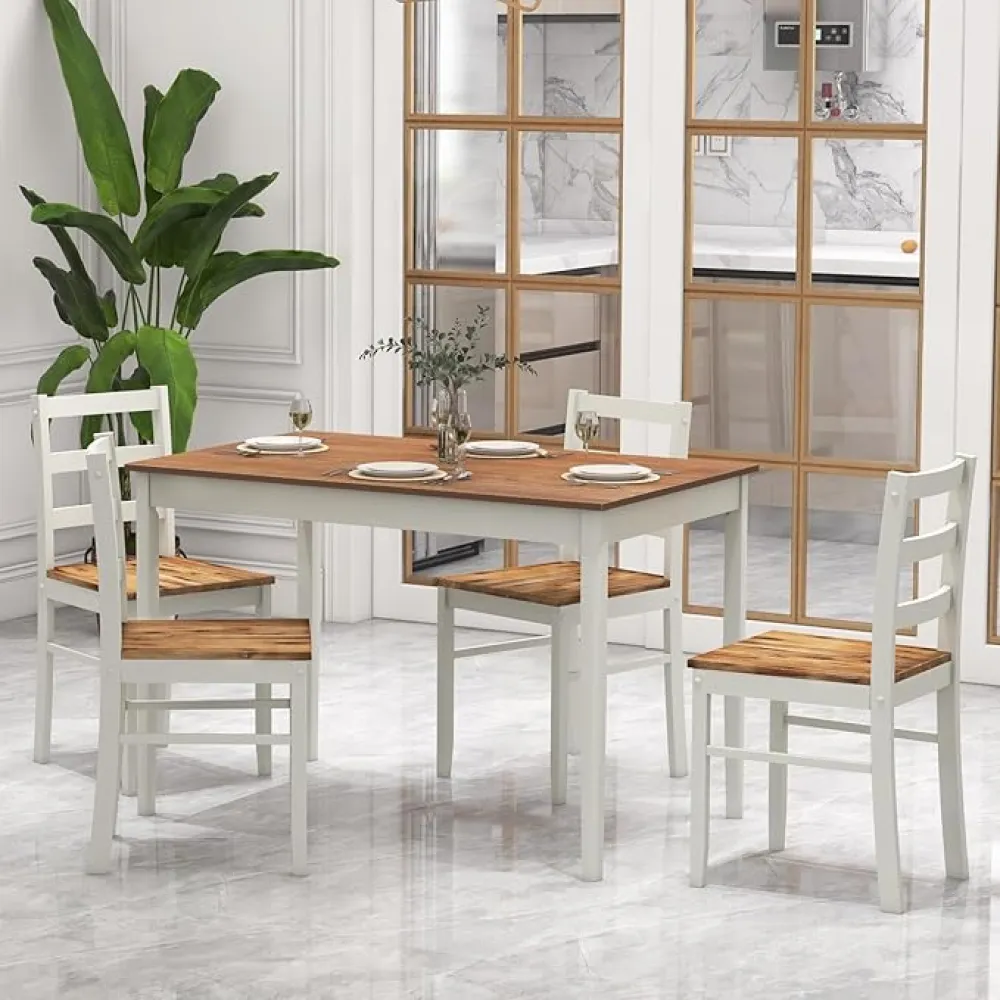 Giantex 5-Piece Dining Set for 4, Solid Wood Rectangular Table & 4 Chairs wtih Rubber Wood Legs, Kitchen Table and Chairs Set for Small Spaces Dinette Dining Room Restaurant (Rustic Brown)