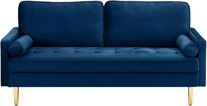 67'' Velvet Sofa Bed, Modern Loveseat with Gold Metal Legs and 2 Bolster Pillows, Velvet Love Seats Couch for Small Spaces, Living Room, Apartment (Blue)