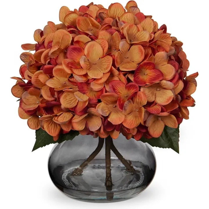 Fall Decor Hydrangea Artificial Flowers with Vase Orange Silk Fake Flowers Arrangements in Glass Vase with Faux Water Faux Autumn Festival Floral Bulk Bouquet for Table Centerpiece Home Decorations
