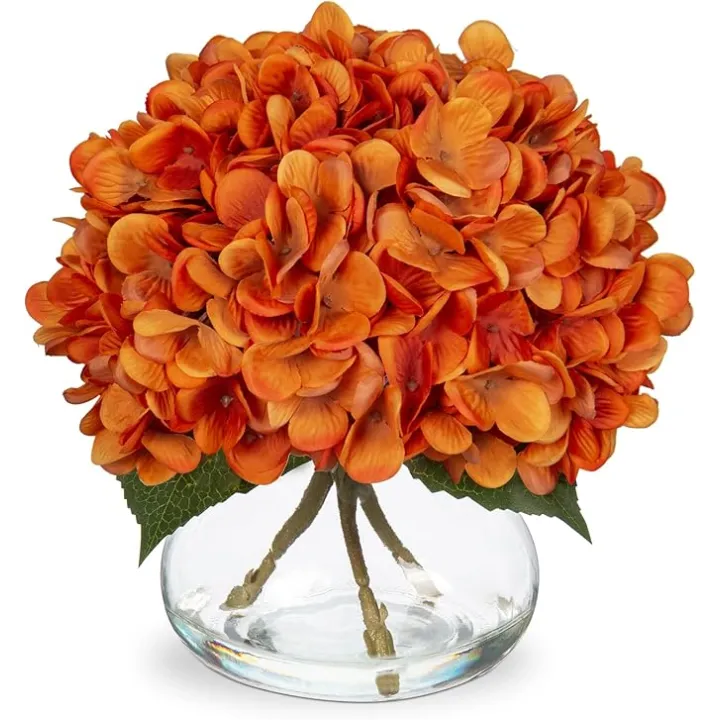 Hydrangea Artificial Flowers with Vase Fall Decor Orange Silk Fake Flowers Arrangements in Glass Vase with Faux Water Autumn Festival Floral Bulk Bouquet for Wedding Party Centerpiece Home Decorations