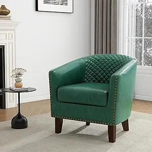 UIXE Faux Leather Barrel Accent Chair Modern Club Arm Chair, Comfy Upholstered Armchair Nailhead Trim Living Room Single Sofa Reading Seat Bedroom Side Sitting for Office Home, Green