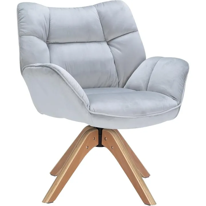 Fabric Accent Chair, Modern Cozy Vanity Chair with Wood Legs, Upholstered Single Boucle Armchair Single Sofa for Living Room Bedroom Office Guest Room Dining Room (Light Grey)