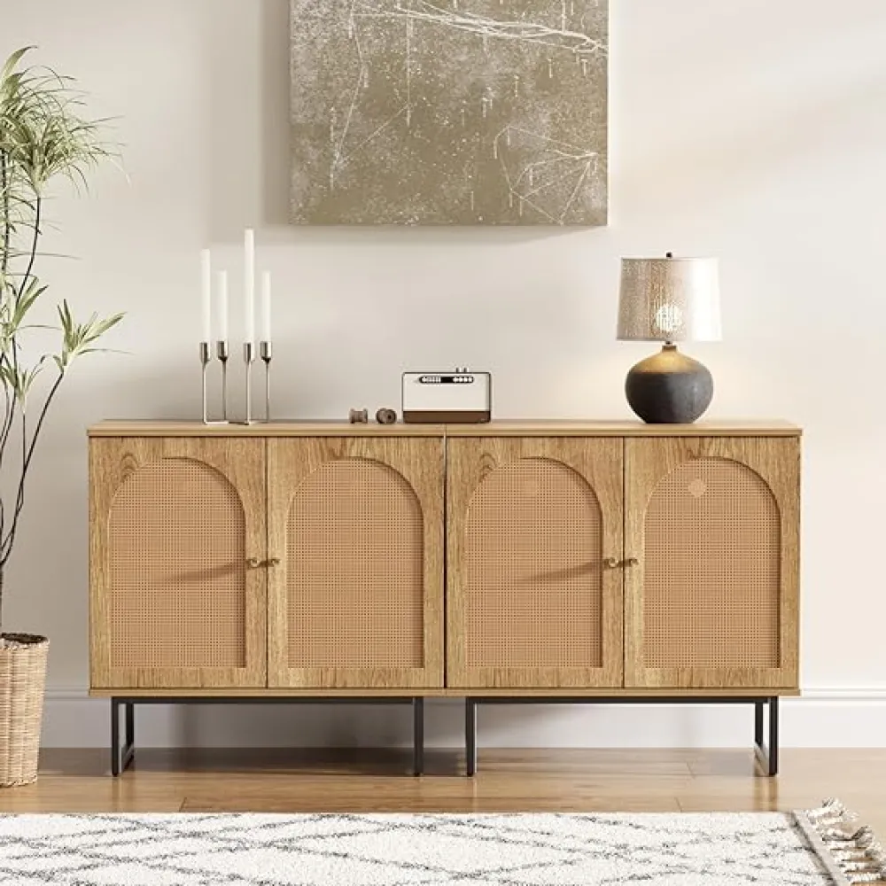 Sideboard Buffet Cabinet with Rattan Doors, Rattan Buffet Bar Cabinet, Boho Credenza Cabinet with Metal Legs for Living Room, Hallway, Entryway, Natural Set of 2