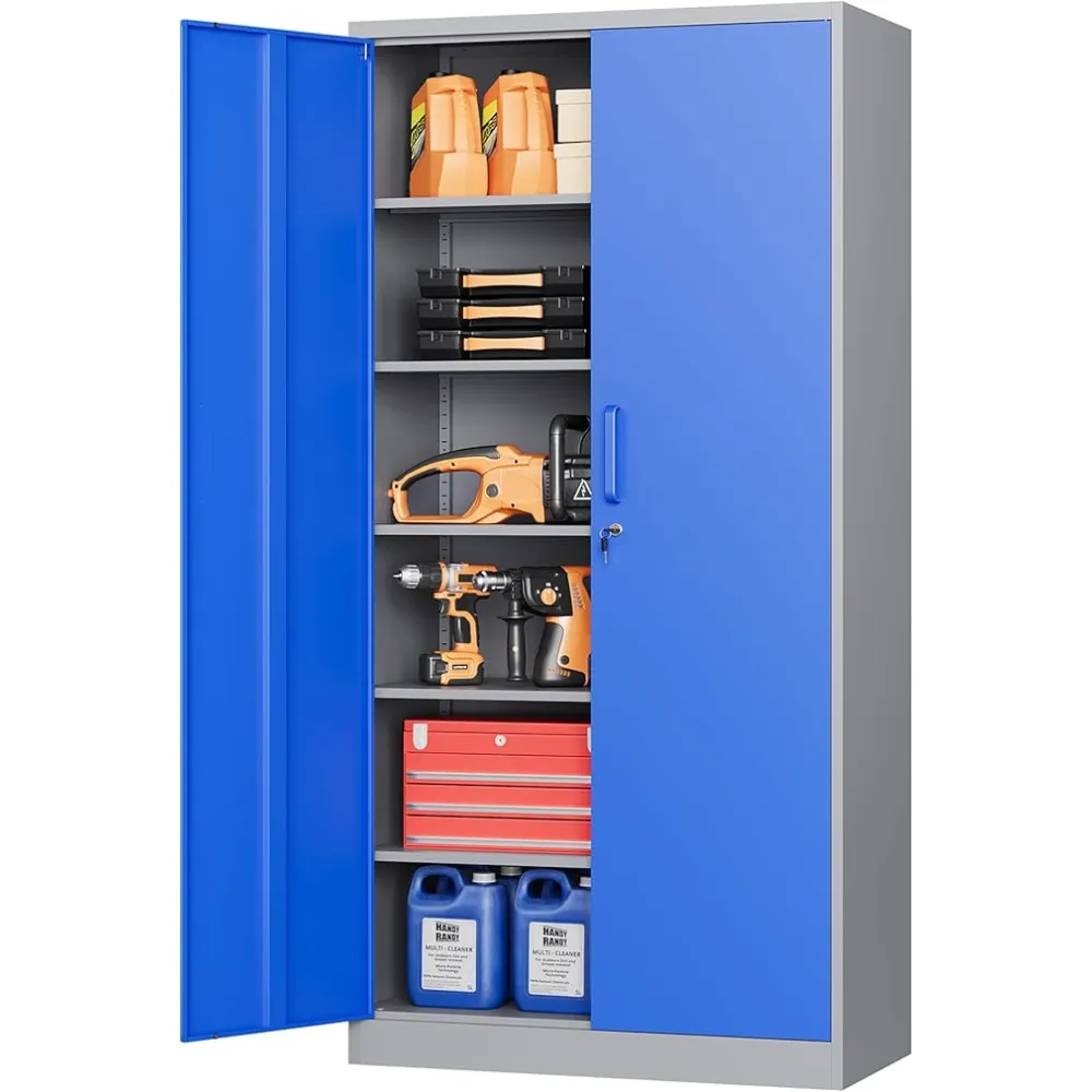 STANI Metal Garage Storage Cabinet with Lock, 71" Steel Lockable File Cabinet, Locking Steel Storage Cabinet with 5 Adjustable Shelves for Home, Office, Garage, Warehouse (Blue Grey, 2 Door - 71" H)