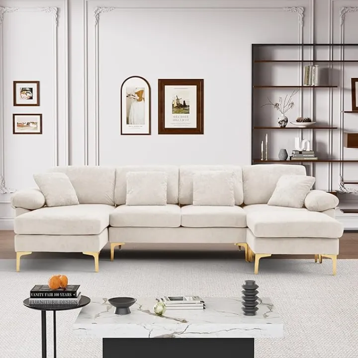 U Shaped Sectional Sofa Couch, 114" Convertible L Shaped Sofa with Chaise Lounge & Ottoman, Modern Oversized Modular 4 Seat Sleeper Sofa Set for Living Room Office, White Velvet