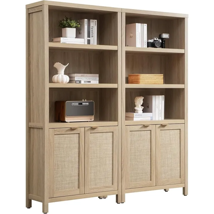 SICOTAS Bookcase 71" Tall Bookshelf 5 Tier Rattan Boho Bookcase with Doors Storage Large Book Case Shelf Farmhouse Bookshelves Library Book Shelves for Living Room Bedroom Home Office Kitchen