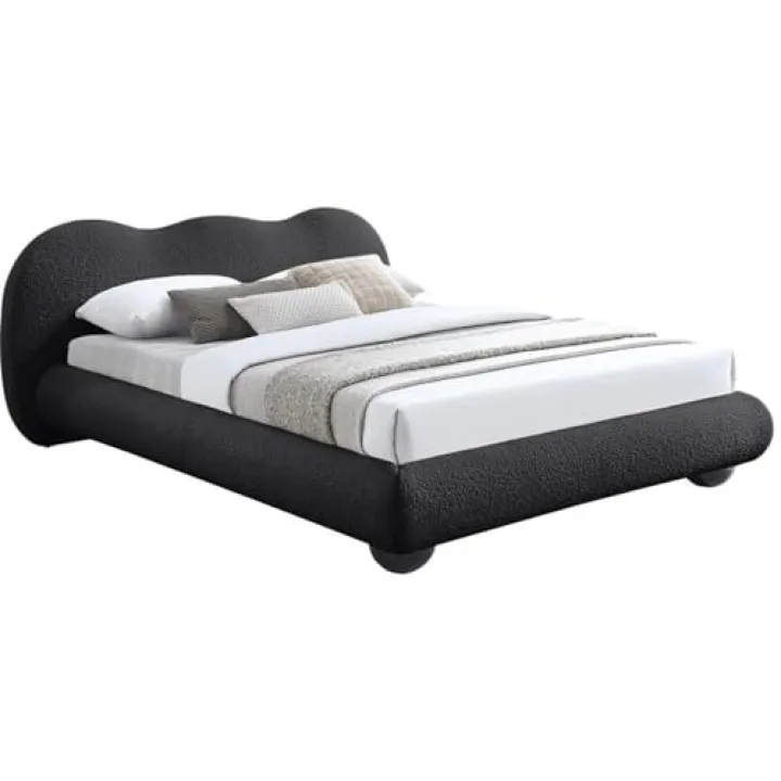 Meridian Furniture HydeBlack-K Hyde Collection Modern | Contemporary King Bed with Rich Black Boucle Fabric, Both Natural and Black Finish Solid Wood Legs, 91.75" W x 91" D x 35.75" H, Black, King