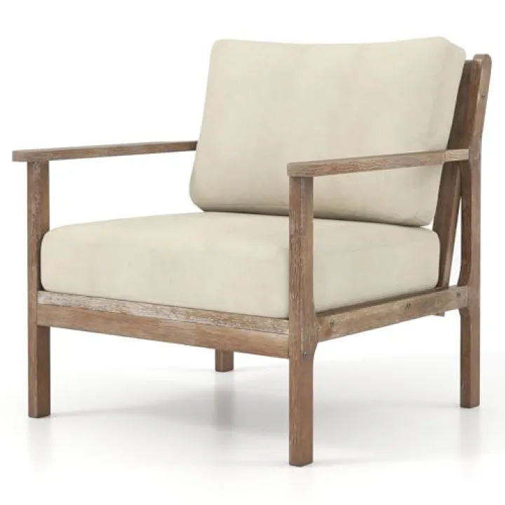 Giantex Mid Century Modern Accent Chair, Wooden Arm Chair w/Solid Wood Frame, Removable Seat Cushion & Pillow, Vintage Comfy Reading Chair for Living Room, Bedroom, Study