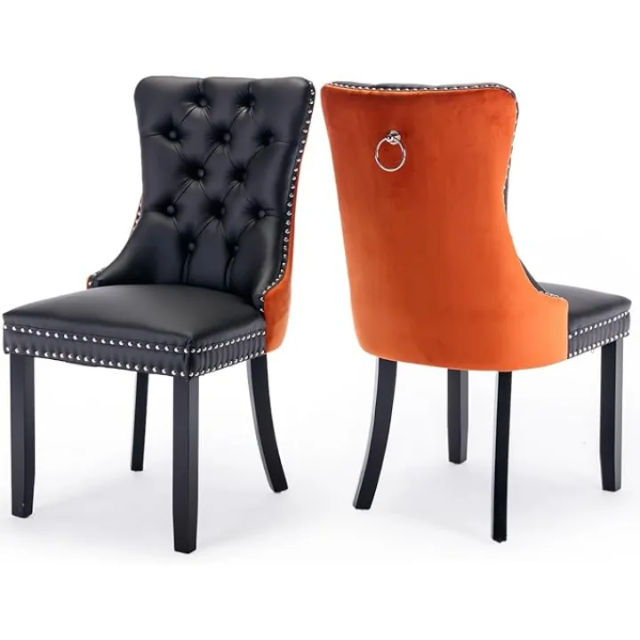 PU Upholstered Dining Chairs Set of 2, Modern Style Kitchen Side Chairs with Nailhead Trim and Wood Leg, Metal Pulling Ring for Dining Room Living Room(Black&Orange,Set of 2)