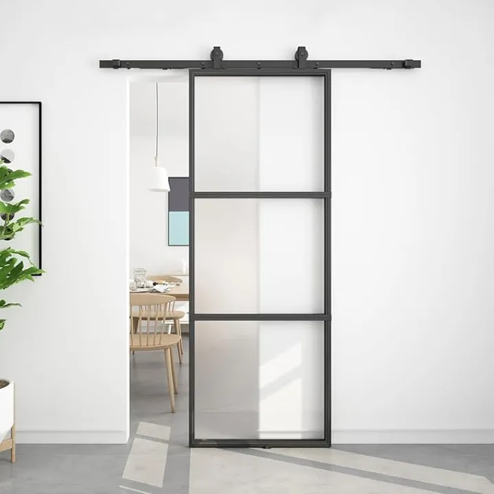BARNSMITH 36in x 96in Frosted Glass Barn Door and 6FT Hardware kit Included, Soft Close Mechanism,Black Carbon Steel Tempered Frosted Glass Sliding Barn Door, Easy Assembly