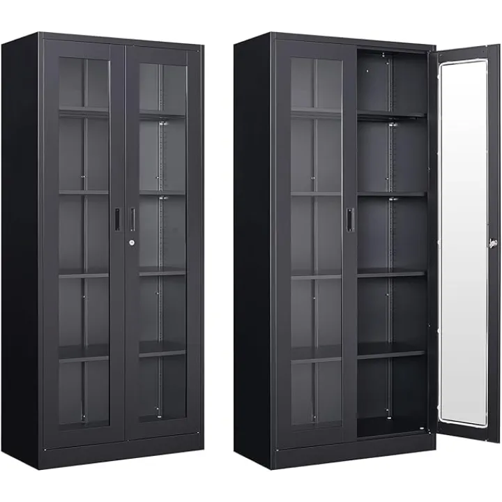 Display Cabinet with Glass Doors, Display Case Cabinet for Collectibles, Curio Display Cabinet with 4 Adjustable Shelves, 71" Glass Display Cabinet for Home Living Room (Black)