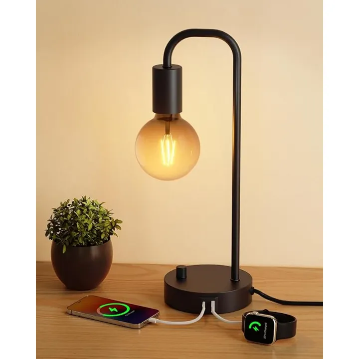 ONEWISH Industrial Table Lamp with 2 USB Port, Fully Dimmable Nightstand Bedside Lamps for Bedroom,Desk Lamps with 2700K Black Gradient Bulb for Reading Living Room,Office