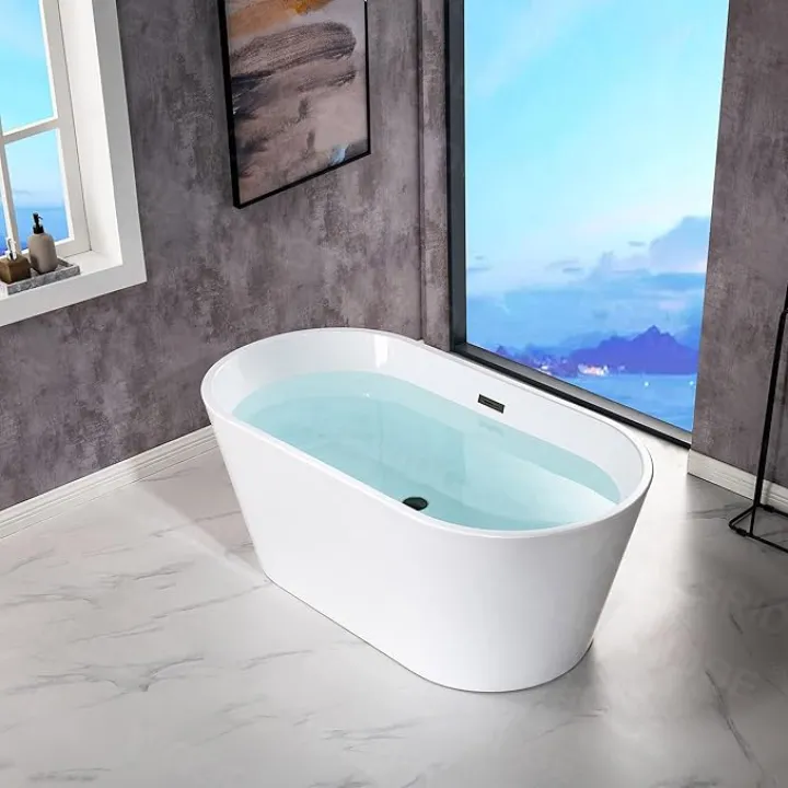 WOODBRIDGE 54" Acrylic Freestanding Bathtub Contemporary Soaking White Tub with Matte Black Overflow and Drain,B1702-MB
