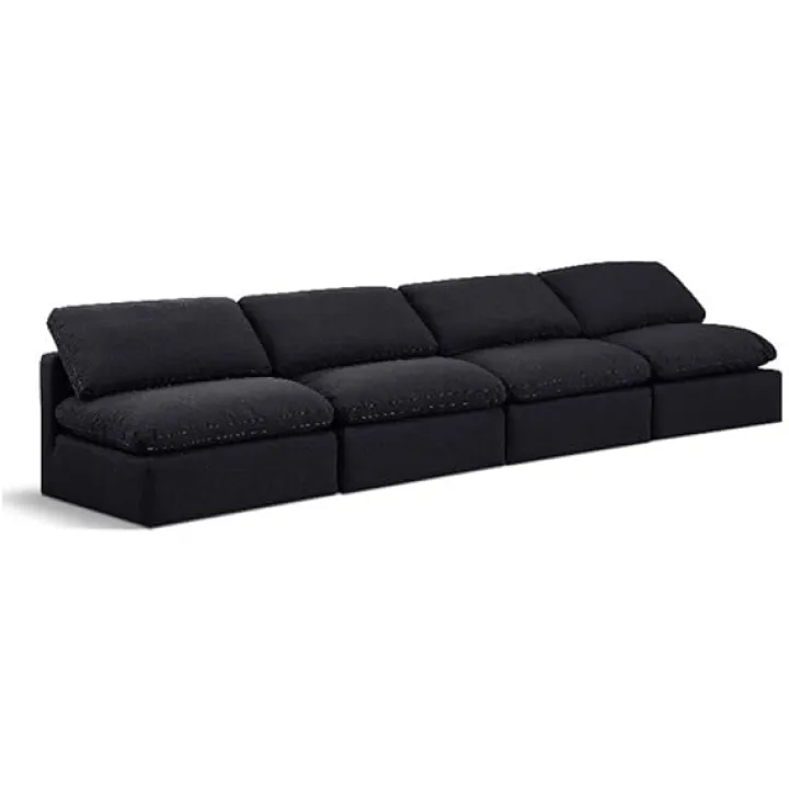 Meridian Furniture 141Black-S4 Indulge Collection Modern | Contemporary Modular Sofa with Rich Black Linen Textured Fabric, Down Feather Cushions, Modular, 140" W x 35" D x 32" H, Black
