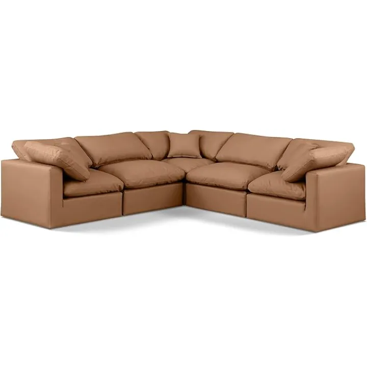 Meridian Furniture 146Cognac-Sec5C Indulge Collection Modern | Contemporary Modular Sectional with Soft Cognac Durable Vegan Leather, Fiber-Filled Cushions, Modular, 105" W x 105" D x 32" H, Cognac