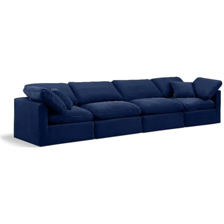 Meridian Furniture 147Navy-S140 Indulge Collection Modern | Contemporary Modular Sofa with Soft Navy Durable Velvet, Down Feather Cushions, Modular, 140" W x 35" D x 32" H, Navy