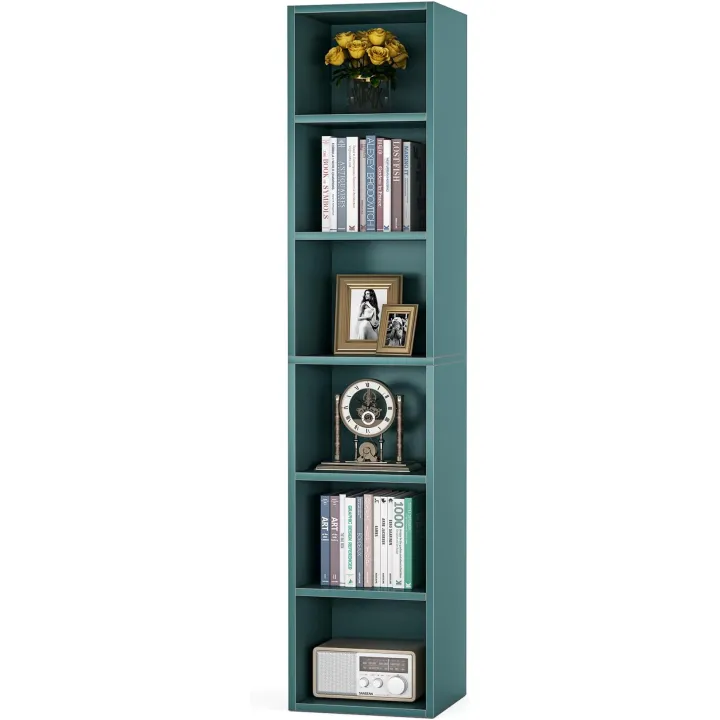 LITTLE TREE 70.9 Inch Tall Narrow Bookcase, Corner Bookshelf 6 Tier Cube Display Shelf Storage Organizer for Small Space, Blue