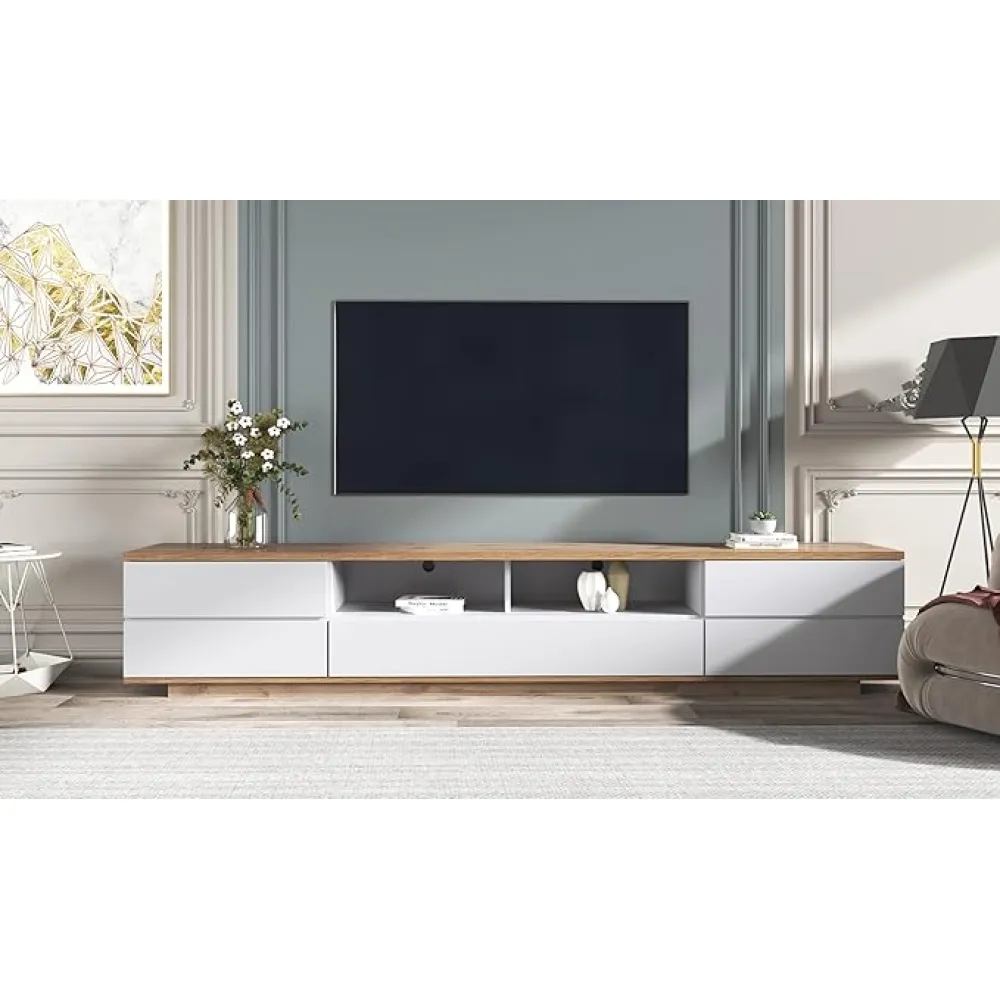 Merax Wood TV Stand Entertainment Center with Storage Cabinets & Open Shelves, Modern TV Console Table for TVs Up to 80” for Living Room Bedroom (White)