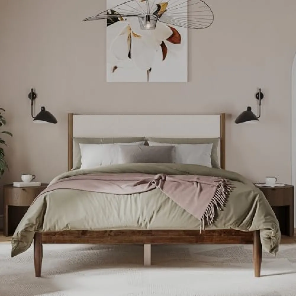 DG Casa Reign Boucle Mid-Century Modern Queen Size Wooden Platform Bed Frame - Upholstered in Cream Boucle - Solid Wood with Walnut Finish