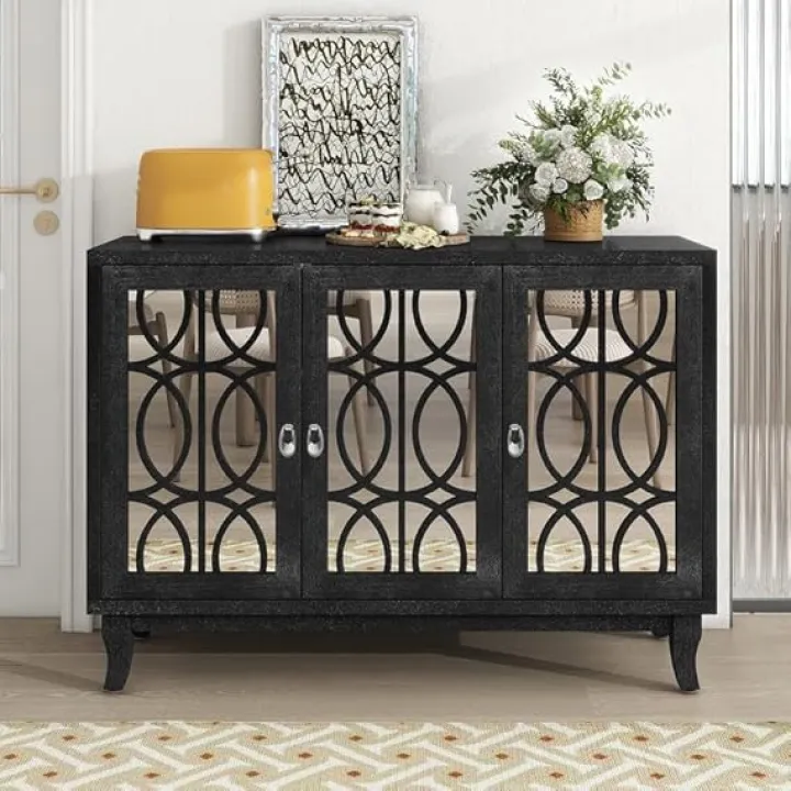 Sideboard Buffet Cabinet with Glass Doors 3 Door Accent Storage Cabinet, Mirrored Console Table with Adjustable Shelves for Living Room Dining Room Hallway Easy to Assemble (Black)