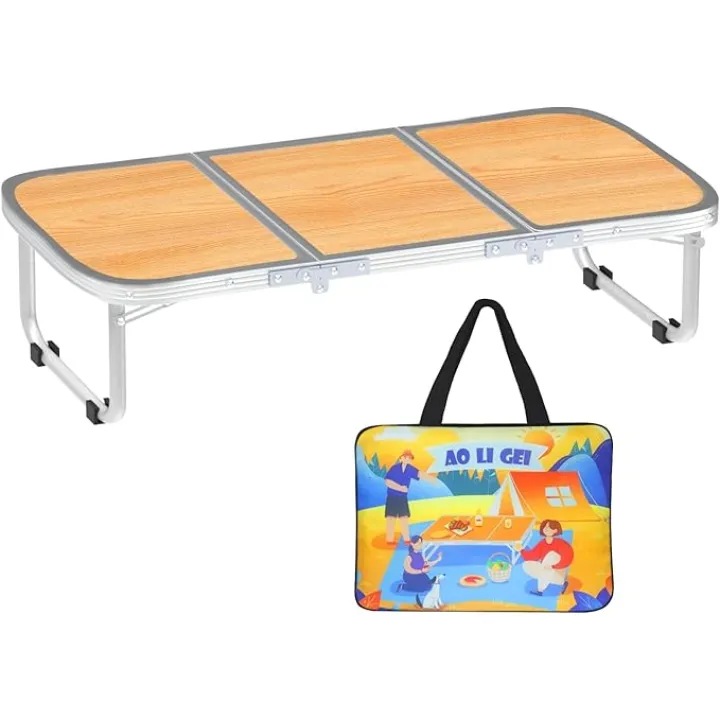 AO LI GEI Folding Camping Table Small with Storage Bag,Adjustable Height Portable Picnic Table,Upgraded Thickening Lightweight Outdoor Table Aluminum Legs (Brown:15.7"x35.4", Height:10.6")