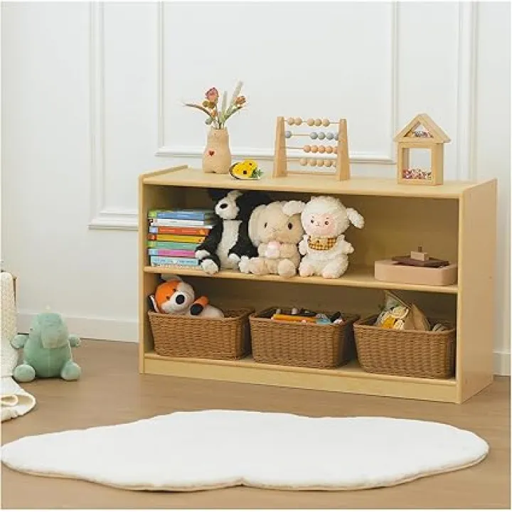 Kids Bookshelf and Toy Storage Shelf, Wooden Montessori Bookshelf, 2-Tier Toy Shelf, 24in Birch Children Bookcase, Classroom Furniture, Book Shelf for Kids Room, Nursery, Playroom