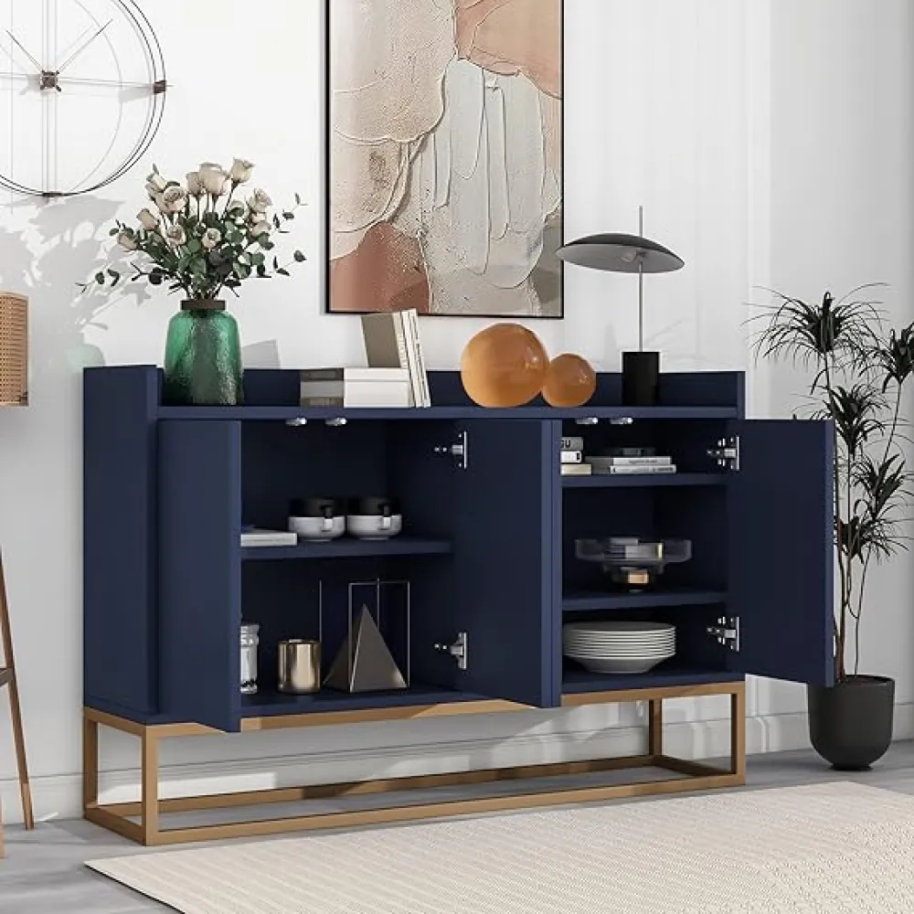 Sideboard Buffet Cabinet with Large Storage Space,Modern Particle Board Kitchen Console Table,W/ 4 Doors and Gold Metal Legs,Dining Room,Entryway,Navy
