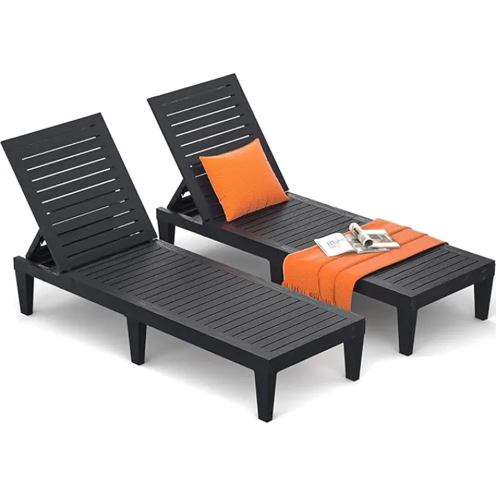 Outdoor Chaise Lounge Chair Set of 2 for Poolside Patio, Water-Resistant Tanning Chair Recliner with Adjustable Backrest, Resin Sun Lounger for Outside Deck, Pool, Beach, Sunbathing, Black