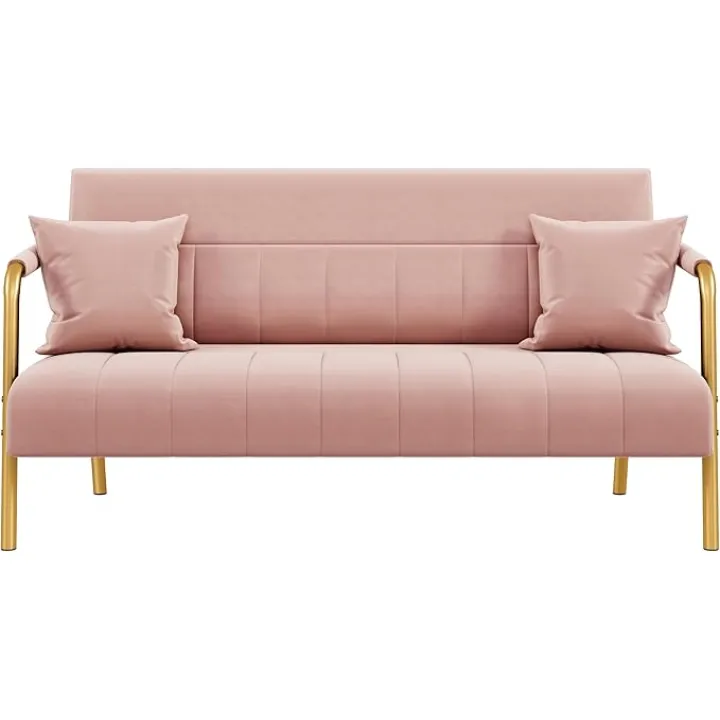 Yaheetech 56.5" W Modern Loveseat 2 Seater Sofa Luxurious Velvet Fabric Couch with Gold-Tone Metal Arms and Legs for Living Room, Home Office, Studio Pink