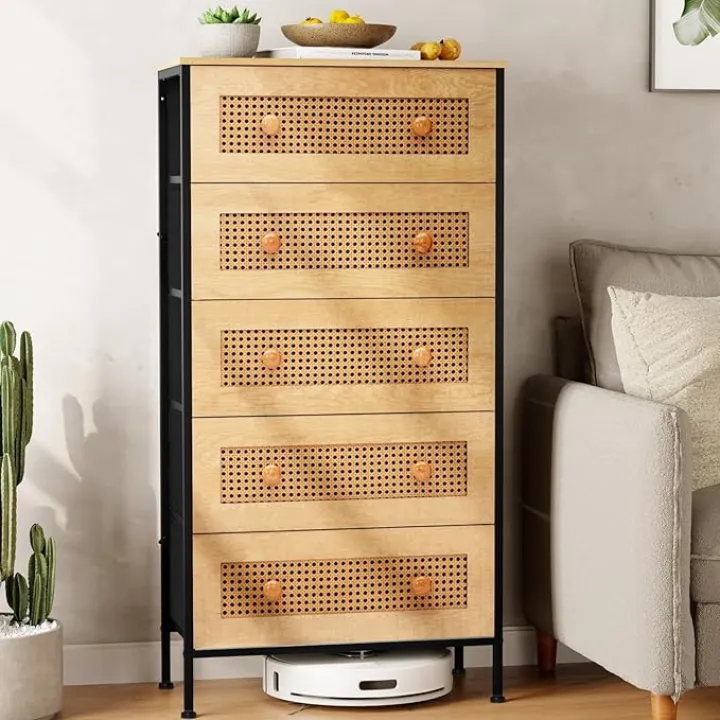 Crestlive Products Rattan Dresser Storage Tower, Tall Fabric Dresser, Chests of Drawers, Wood Top - Organizer Unit for Bedroom, Hallway, Entryway, Closets (Natural, 5 Drawers)