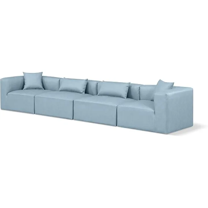 Meridian Furniture 668LtBlu-S144B Cube Collection Modern | Contemporary Modular Sofa with Soft Light Blue Vegan Leather, Modular to Create Infinite Configurations, 144" W x 36" D x 26" H, Blue