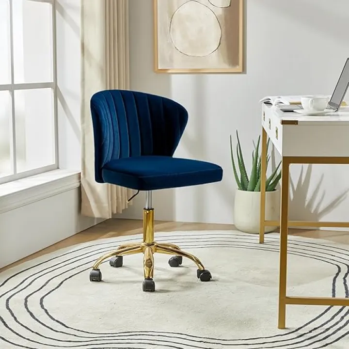 HULALA HOME Home Office Desk Chair with Gold Wheels, Small Cute Vanity Chair with Back for Bedroom, Adjustable Rolling Task Work Seat for Women/Girls, Teal