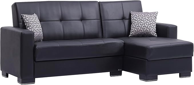 Sweet Home Stores 99" Convertible L-Sectional with Storage, Firm, Faux Leather 4 Seater, Upholstered Sleeper Sectional Sofa with Reversible Chaise for Living Room, Black-15