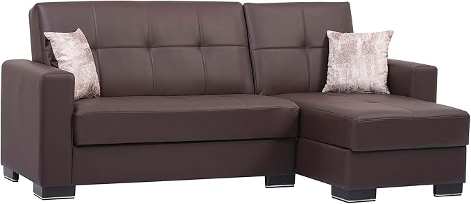 Sweet Home Stores 99" Convertible L-Sectional with Storage, Firm, Faux Leather 4 Seater, Upholstered Sleeper Sectional Sofa with Reversible Chaise for Living Room, Brown-16