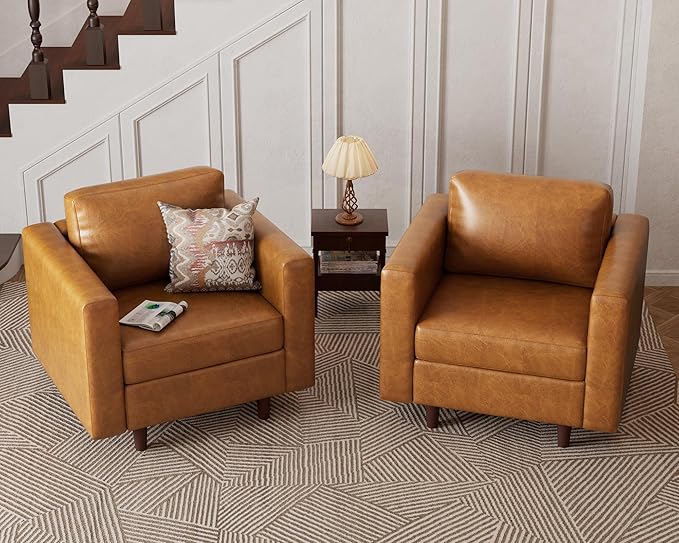 Faux Leather Oversized Accent Chair with Storage Deep Seat Single Sofa Large Reading Armchair for Living Room Bedroom Office Brown Set of 2