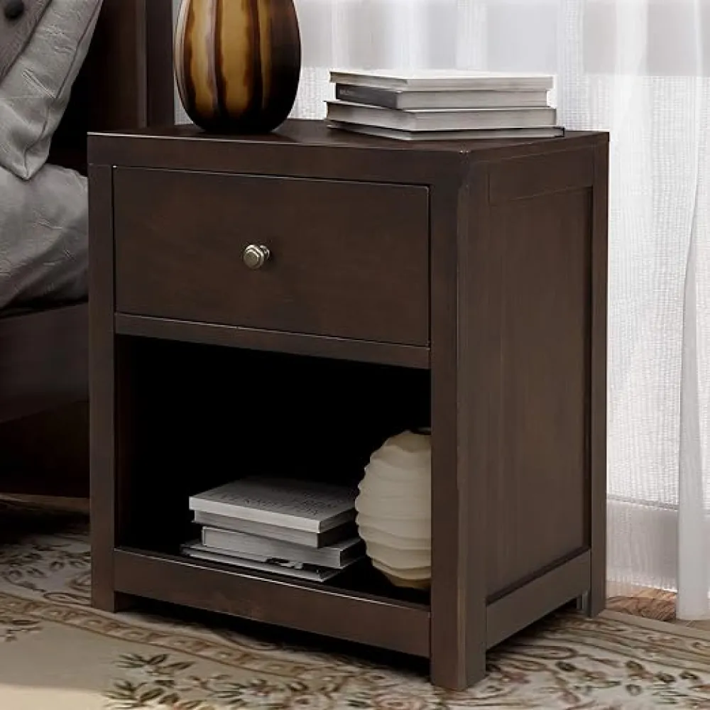 Mid- Modern Nightstand, Wooden End Table with Drawer and Opening Shelf, Side Table for Bedroom Brown 22" x 17" x 25"