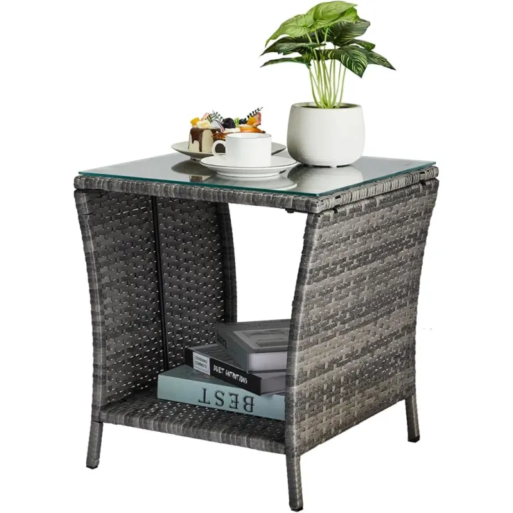 VINGLI Outdoor Wicker Side Table Patio Side Tables for Outside, Tempered Glass Top Wicker Table with Storage End Table for Balcony Porch Deck (Grey)