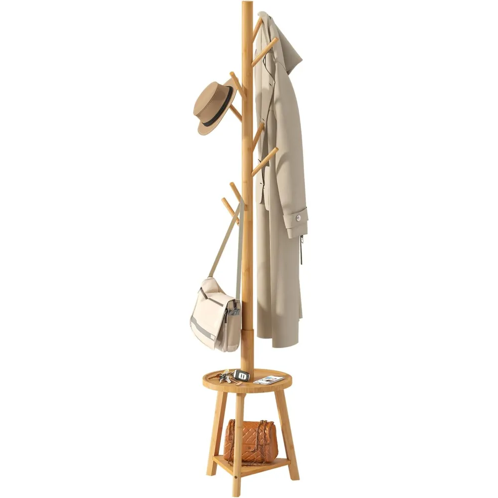 BMOSU Coat Rack freestanding Stand with 2 Shelves Bamboo Wooden Coat Tree Easy Assembly 8 Hooks Standing Jackets Hanger Hallway Office Floor Coat Stand Nature