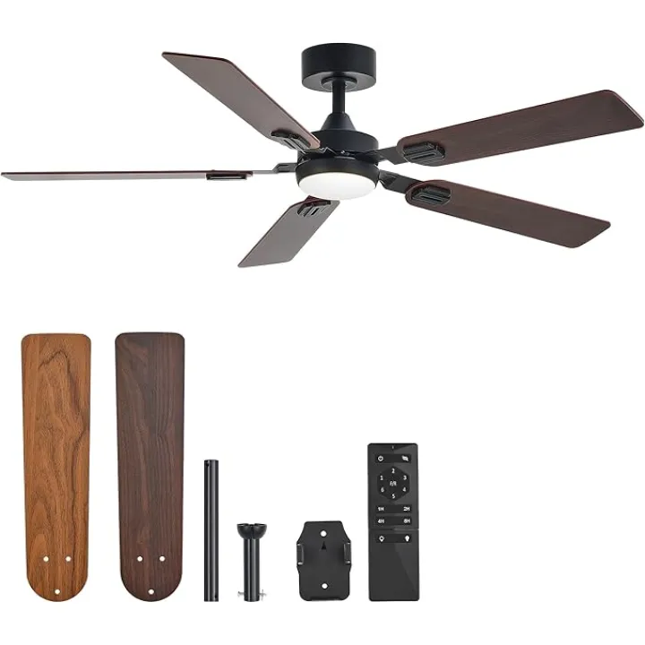 VONLUCE Ceiling Fans with Lights and Remote, 52" Ceiling Fan with 5 Blades, 6-Speeds Noiseless Reversible DC Motor for Farmhouse Bedroom Indoor, Walnut