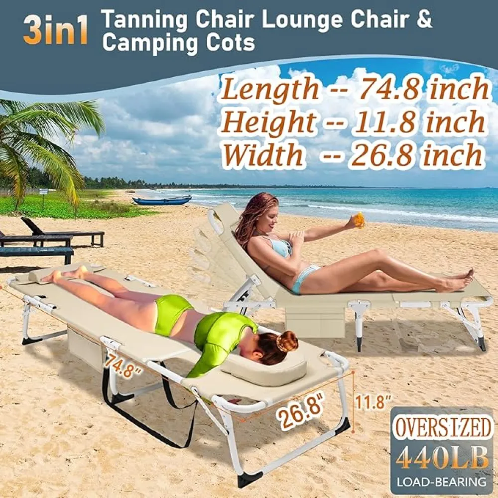 ABORON 4-in-1 Patio Lounge Chair & Sun Tanning Bed, Folding Heavy Duty Chaise with 500LB Load Capacity, Adjustable Portable Chair for Home, Garden, Beach, Office, Camping & Sunbathing