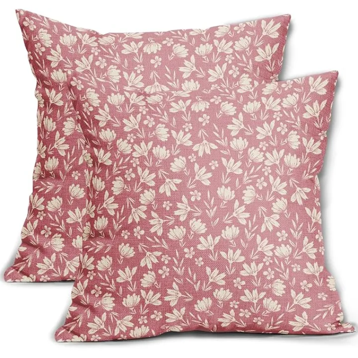 Pink Pillow Covers 18x18 Set of 2 Vintage Floral Rustic Old Style Cute Flower Print Decorative Outdoor Pillowcases Seasonal Farmhouse Throw Cushion Case Decor for Couch Sofa Bed