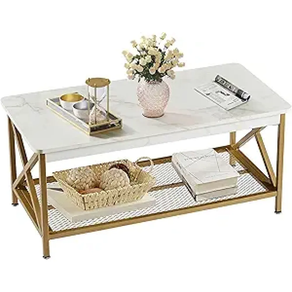 VECELO Coffee Table with 2-Tier Storage Shelf X-Frame for Living Room, Office Industrial Style,Easy Assembly, 39 inch White Gold
