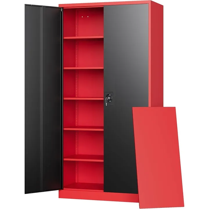 Letaya Metal Storage Cabinets with Lock, 71" Tall Locker Organizer Steel Cabinets, Adjustable Shelves 2 Doors for Home, Office, Warehouse,Garage,Industrial,Employee Lockers (Style B, Black Red)