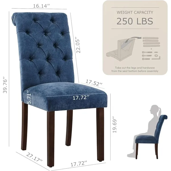 Tufted Dining Chairs Set of 6, Upholstered Parsons Dining Room Chairs, Fabric Kitchen Side Chair with Wood Legs, Blue