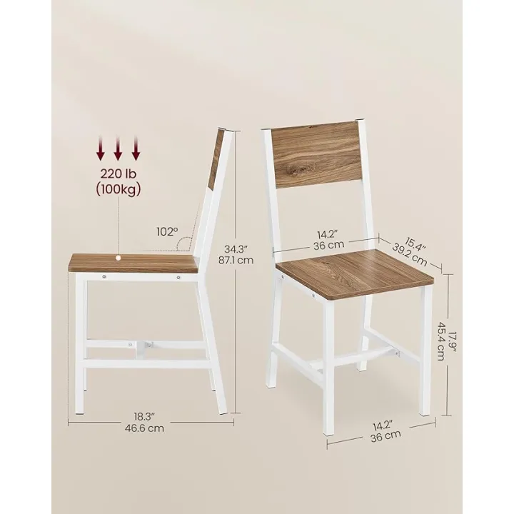 VASAGLE Dining Chair Set of 2, Rustic Wood Chairs with Metal Steel Frame, Easy to Assemble, Comfortable Seat, Modern Farmhouse Chair for Kitchen, Bedroom, Living Room, Wheat Brown and Cloud White