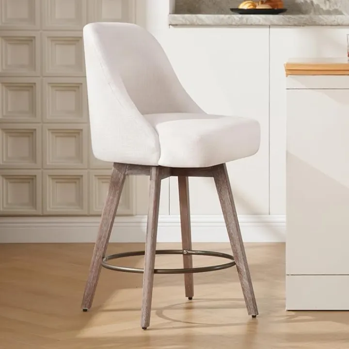 Counter Height Bar Stools, Modern Mid-Century Swivel Barstools with Backs and Wood Legs, Linen Fabric Upholstered Bar Chairs, 26" Seat Height Counter Stools for Kitchen Island, Off White