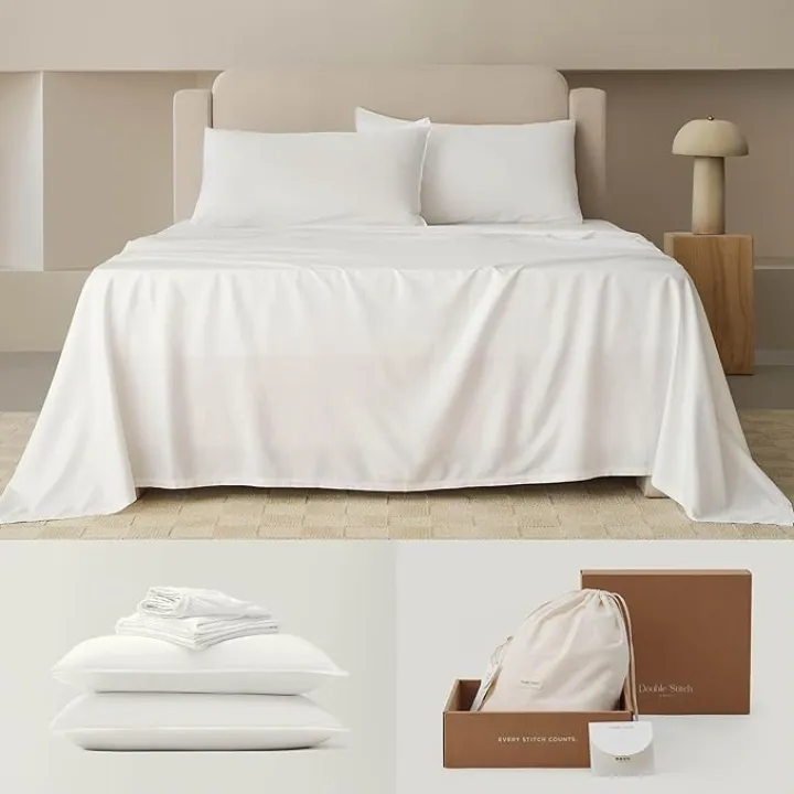 Double Stitch Cotton Tencel Sheet - Bed Sheets Set King Size, 4Pc Luxury Hotel Bedding Set, Soft, Cooling & Breathable for Hot Sleepers, Deep Pocket Up to 16 Inches, Cream